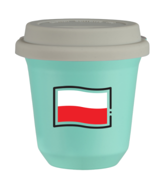 Tasse 150 ml TURQUOISE "Drapeau polonais (noir)", avec couvercle blanc Tasse 150 ml TURQUOISE "Drapeau polonais (noir)", avec couvercle blanc
