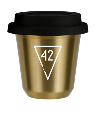 Tasse 80 ml OR "42 (blanc)", avec couvercle noir Tasse 80 ml OR "42 (blanc)", avec couvercle noir