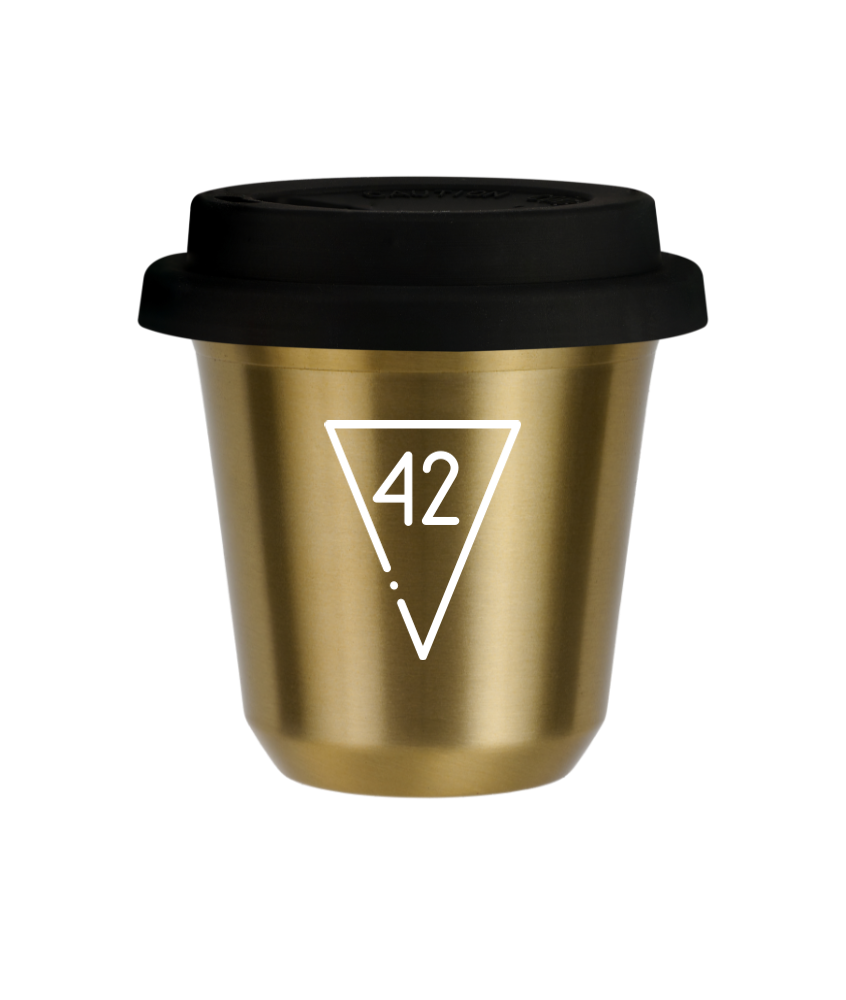 Tasse 80 ml OR "42 (blanc)", avec couvercle noir