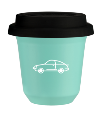 Tasse 150 ml TURQUOISE "Voiture (blanc)", avec couvercle noir Tasse 150 ml TURQUOISE "Voiture (blanc)", avec couvercle noir