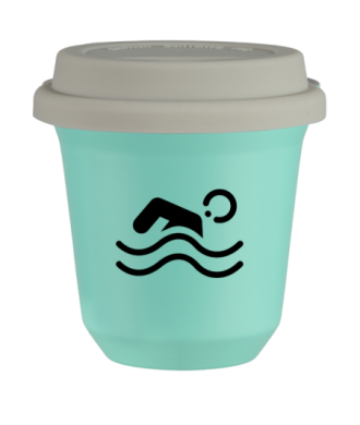 Tasse 150 ml TURQUOISE "Natation (noir)", avec couvercle blanc Tasse 150 ml TURQUOISE "Natation (noir)", avec couvercle blanc