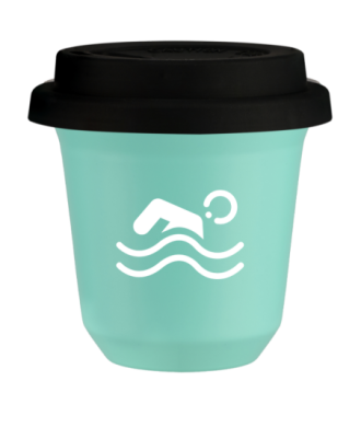 Tasse 150 ml TURQUOISE "Natation (blanc)", avec couvercle noir Tasse 150 ml TURQUOISE "Natation (blanc)", avec couvercle noir