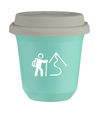 Tasse 150 ml TURQUOISE "Escalade 2 (blanc)", avec couvercle blanc Tasse 150 ml TURQUOISE "Escalade 2 (blanc)", avec couvercle blanc
