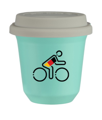 Tasse 150 ml TURQUOISE "Cycliste aux couleurs allemandes", avec couvercle blanc Tasse 150 ml TURQUOISE "Cycliste aux couleurs allemandes", avec couvercle blanc