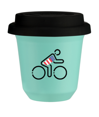 Tasse 150 ml TURQUOISE "Cycliste aux couleurs britanniques", avec couvercle noir Tasse 150 ml TURQUOISE "Cycliste aux couleurs britanniques", avec couvercle noir
