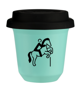 Tasse 150 ml TURQUOISE "Équitation 1", avec couvercle noir Tasse 150 ml TURQUOISE "Équitation 1", avec couvercle noir