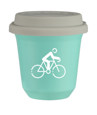 Tasse 150 ml TURQUOISE "Cyclisme 3 (blanc)", avec couvercle blanc Tasse 150 ml TURQUOISE "Cyclisme 3 (blanc)", avec couvercle blanc