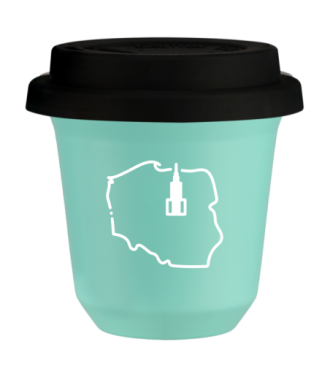 Tasse 150 ml TURQUOISE "Pologne (blanc)", avec couvercle noir Tasse 150 ml TURQUOISE "Pologne (blanc)", avec couvercle noir