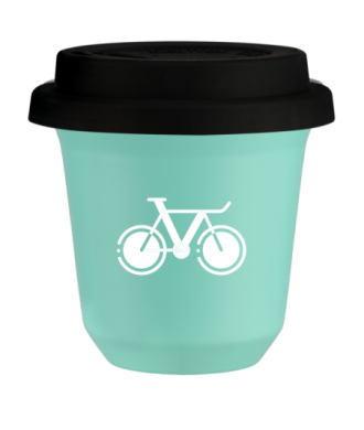Tasse 150 ml TURQUOISE "Vélo 1 (blanc)", avec couvercle noir Tasse 150 ml TURQUOISE "Vélo 1 (blanc)", avec couvercle noir