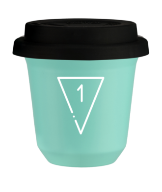 Tasse 150 ml TURQUOISE "1 (blanc)", avec couvercle noir Tasse 150 ml TURQUOISE "1 (blanc)", avec couvercle noir