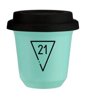 Tasse 150 ml TURQUOISE "21", avec couvercle noir Tasse 150 ml TURQUOISE "21", avec couvercle noir