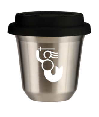 Tasse 150 ml ARGENT "WARSZAWSKA SYRENKA (blanc)", avec couvercle noir Tasse 150 ml ARGENT "WARSZAWSKA SYRENKA (blanc)", avec couvercle noir