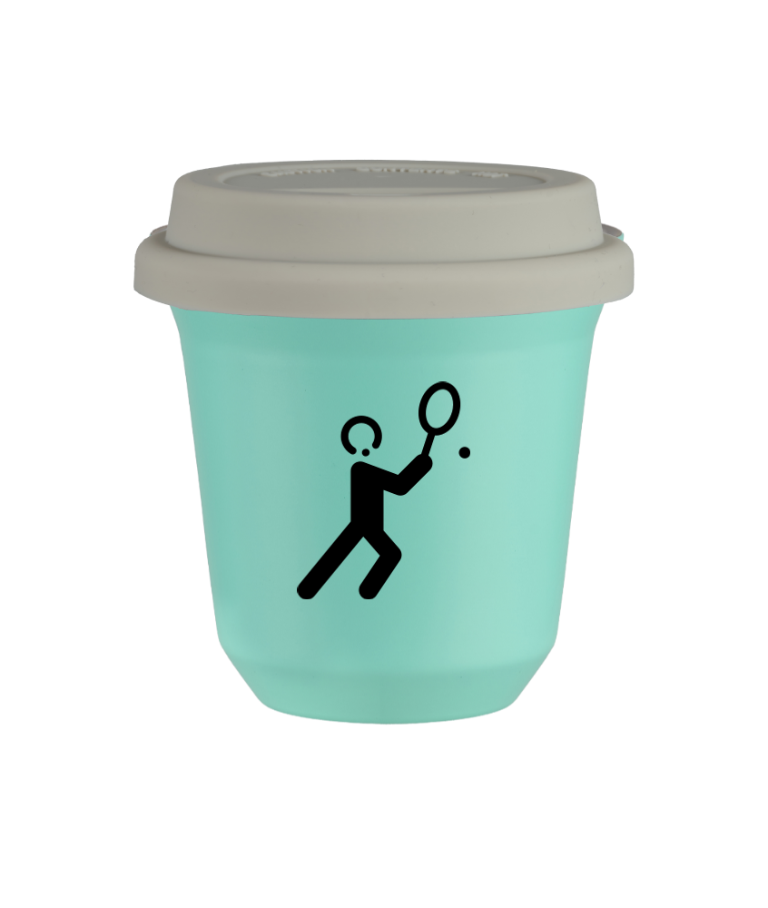 Tasse 80 ml TURQUOISE "Tennis 1 (noir)", avec couvercle blanc
