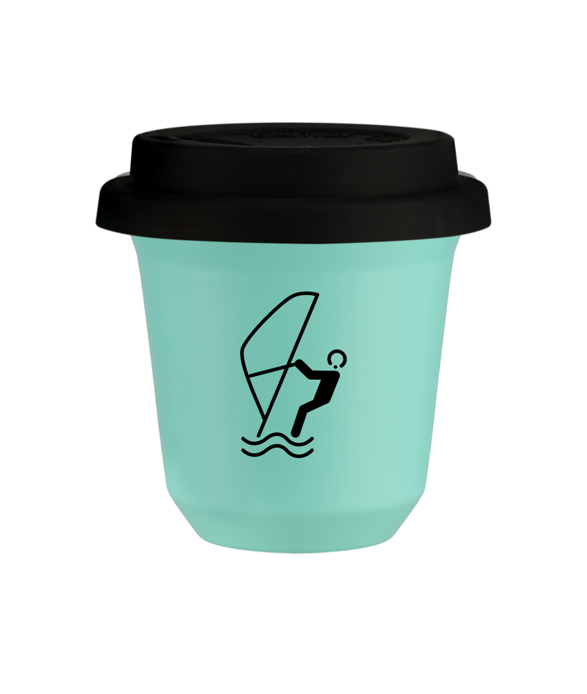 Tasse 80 ml TURQUOISE "Sports nautiques (noir)", avec couvercle noir