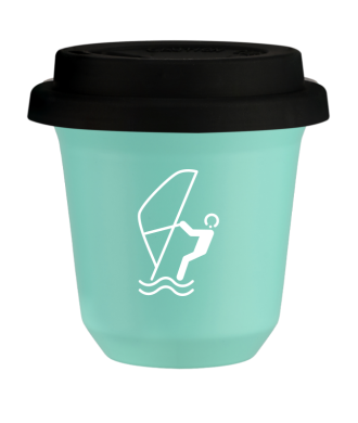 Tasse 80 ml TURQUOISE "Sports nautiques (blanc)", avec couvercle noir Tasse 80 ml TURQUOISE "Sports nautiques (blanc)", avec couvercle noir