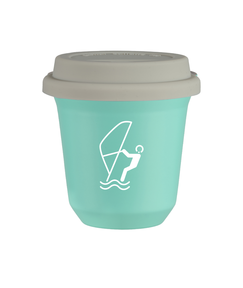 Tasse 80 ml TURQUOISE "Sports nautiques (blanc)", avec couvercle blanc