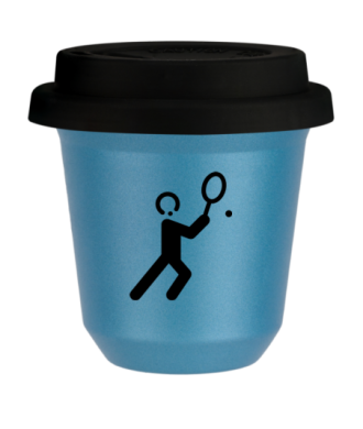 Tasse 150 ml BLEU CLAIR MÉTALLIQUE "Tennis 1", avec couvercle noir Tasse 150 ml BLEU CLAIR MÉTALLIQUE "Tennis 1", avec couvercle noir