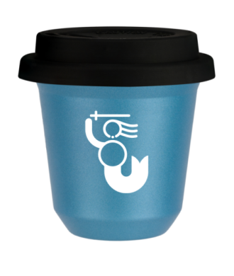 Tasse 150 ml BLEU CLAIR MÉTALLIQUE "WARSZAWSKA SYRENKA (blanc)", avec couvercle noir Tasse 150 ml BLEU CLAIR MÉTALLIQUE "WARSZAWSKA SYRENKA (blanc)", avec couvercle noir