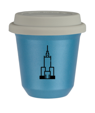 Tasse 150 ml BLEU CLAIR MÉTALLIQUE "Pałac kultury i nauki (noir)", avec couvercle blanc Tasse 150 ml BLEU CLAIR MÉTALLIQUE "Pałac kultury i nauki (noir)", avec couvercle blanc
