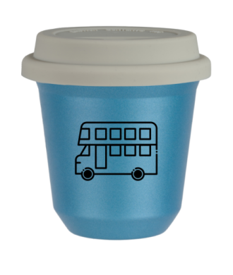 Tasse 150 ml BLEU CLAIR MÉTALLIQUE "Bus", avec couvercle blanc Tasse 150 ml BLEU CLAIR MÉTALLIQUE "Bus", avec couvercle blanc