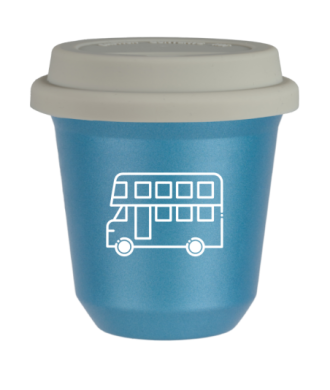 Tasse 150 ml BLEU CLAIR MÉTALLIQUE "Bus (blanc)", avec couvercle blanc Tasse 150 ml BLEU CLAIR MÉTALLIQUE "Bus (blanc)", avec couvercle blanc