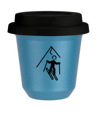 Tasse 150 ml BLEU CLAIR MÉTALLIQUE "Ski (noir)", avec couvercle noir Tasse 150 ml BLEU CLAIR MÉTALLIQUE "Ski (noir)", avec couvercle noir