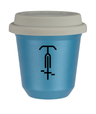 Tasse 150 ml BLEU CLAIR MÉTALLIQUE "Cyclisme 1 (noir)", avec couvercle blanc Tasse 150 ml BLEU CLAIR MÉTALLIQUE "Cyclisme 1 (noir)", avec couvercle blanc