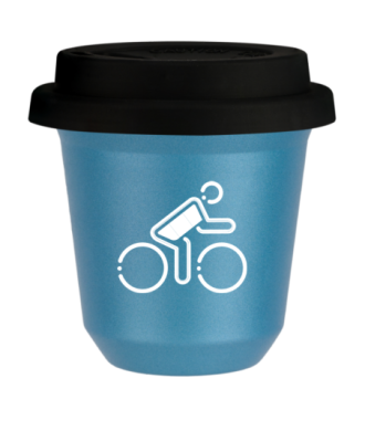 Tasse 150 ml BLEU CLAIR MÉTALLIQUE "Cycliste aux couleurs allemandes (blanc)", avec couvercle noir Tasse 150 ml BLEU CLAIR MÉTALLIQUE "Cycliste aux couleurs allemandes (blanc)", avec couvercle noir