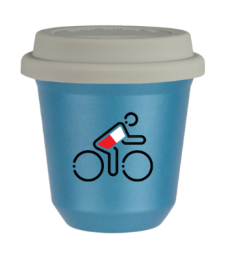 Tasse 150 ml BLEU CLAIR MÉTALLIQUE "Cycliste aux couleurs polonaises (noir)", avec couvercle blanc Tasse 150 ml BLEU CLAIR MÉTALLIQUE "Cycliste aux couleurs polonaises (noir)", avec couvercle blanc