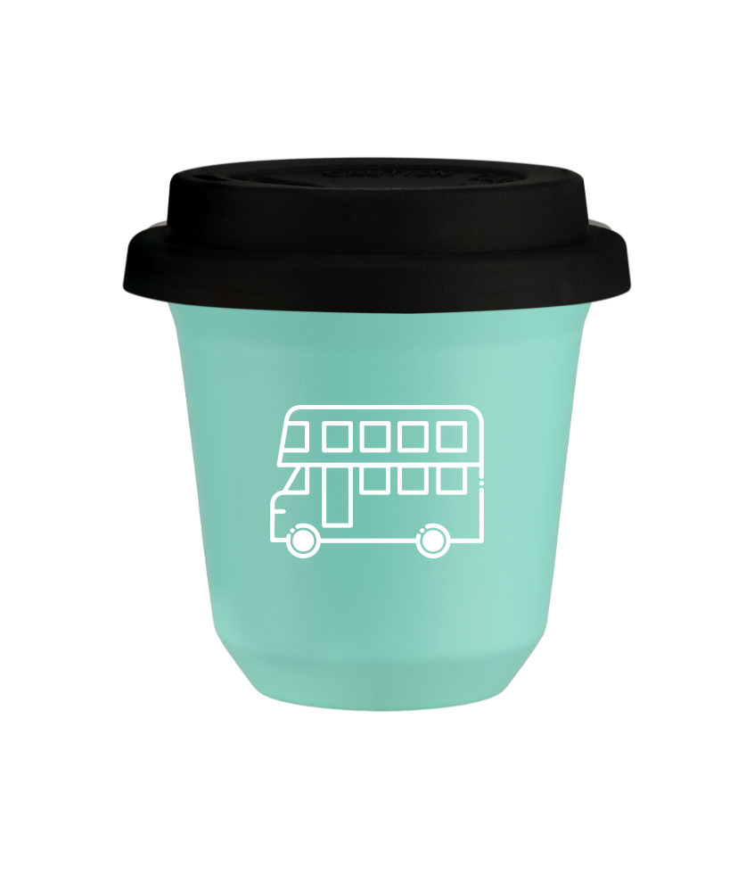 Tasse 80 ml TURQUOISE "Bus (blanc)", avec couvercle noir