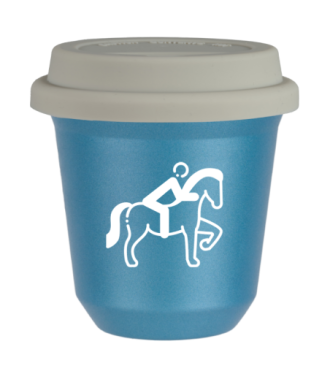Tasse 150 ml BLEU CLAIR MÉTALLIQUE "Équitation 2 (blanc)", avec couvercle blanc Tasse 150 ml BLEU CLAIR MÉTALLIQUE "Équitation 2 (blanc)", avec couvercle blanc