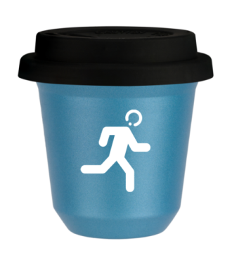 Tasse 150 ml BLEU CLAIR MÉTALLIQUE "Coureur (blanc)", avec couvercle noir Tasse 150 ml BLEU CLAIR MÉTALLIQUE "Coureur (blanc)", avec couvercle noir