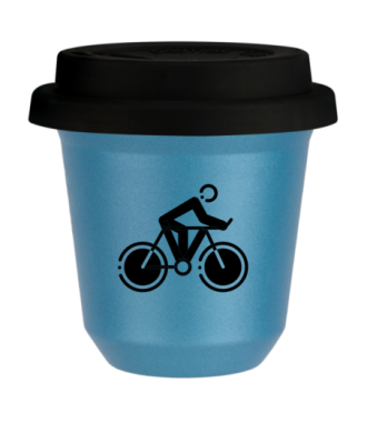 Tasse 150 ml BLEU CLAIR MÉTALLIQUE "Cyclisme 2", avec couvercle noir Tasse 150 ml BLEU CLAIR MÉTALLIQUE "Cyclisme 2", avec couvercle noir