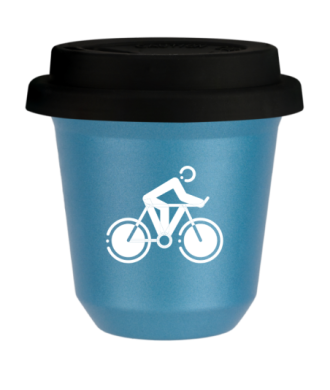 Tasse 150 ml BLEU CLAIR MÉTALLIQUE "Cyclisme 2 (blanc)", avec couvercle noir Tasse 150 ml BLEU CLAIR MÉTALLIQUE "Cyclisme 2 (blanc)", avec couvercle noir