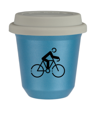 Tasse 150 ml BLEU CLAIR MÉTALLIQUE "Cyclisme 3 (noir)", avec couvercle blanc Tasse 150 ml BLEU CLAIR MÉTALLIQUE "Cyclisme 3 (noir)", avec couvercle blanc