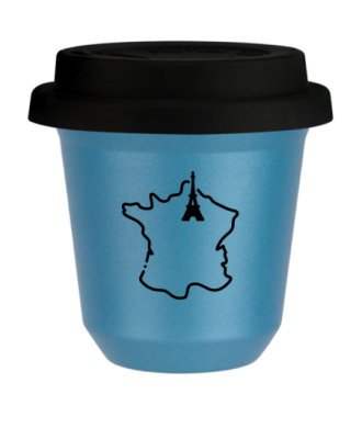 Tasse 150 ml BLEU CLAIR MÉTALLIQUE "France (noir)", avec couvercle noir Tasse 150 ml BLEU CLAIR MÉTALLIQUE "France (noir)", avec couvercle noir