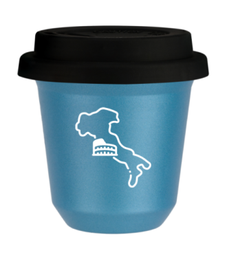 Tasse 150 ml BLEU CLAIR MÉTALLIQUE "Italie (blanc)", avec couvercle noir Tasse 150 ml BLEU CLAIR MÉTALLIQUE "Italie (blanc)", avec couvercle noir