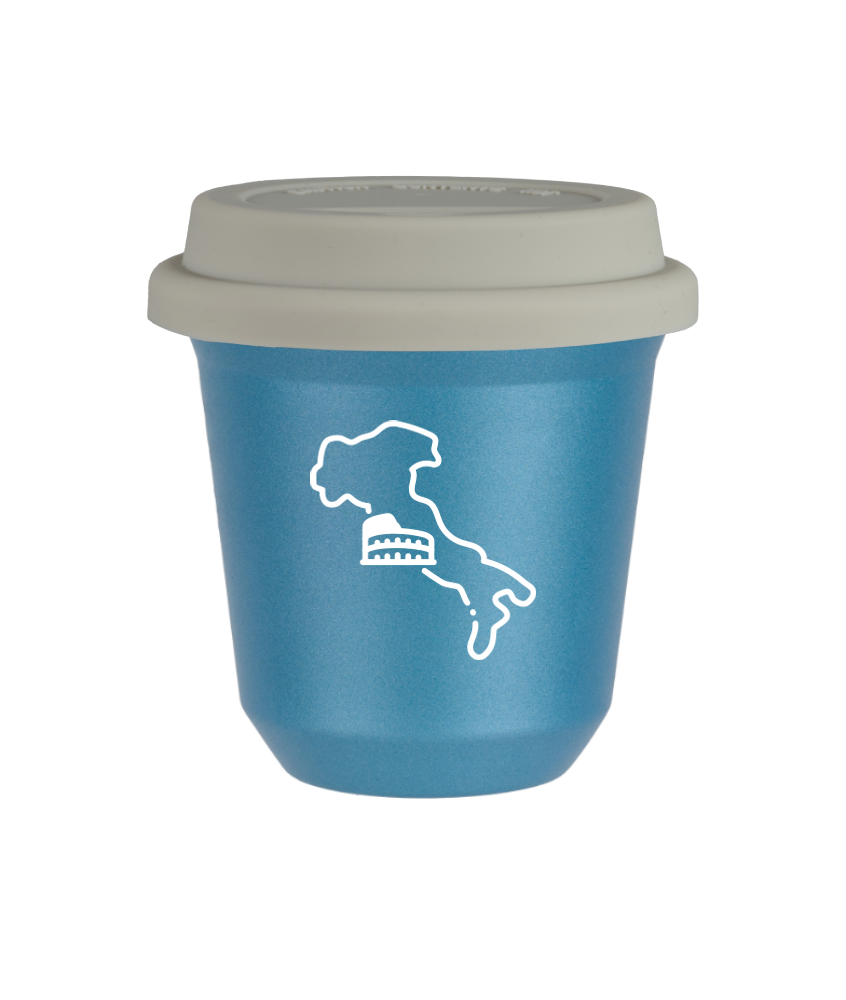 Tasse 150 ml BLEU CLAIR MÉTALLIQUE "Italie (blanc)", avec couvercle blanc Tasse 150 ml BLEU CLAIR MÉTALLIQUE "Italie (blanc)", avec couvercle blanc