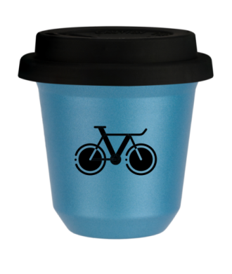 Tasse 150 ml BLEU CLAIR MÉTALLIQUE "Vélo 1", avec couvercle noir Tasse 150 ml BLEU CLAIR MÉTALLIQUE "Vélo 1", avec couvercle noir