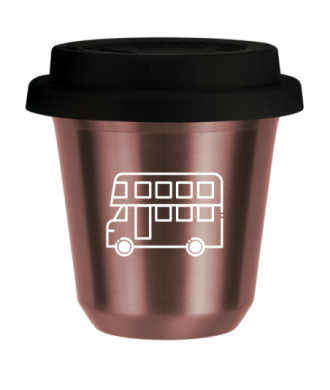 Tasse 150 ml OR ROSE "Bus (blanc)", avec couvercle noir Tasse 150 ml OR ROSE "Bus (blanc)", avec couvercle noir