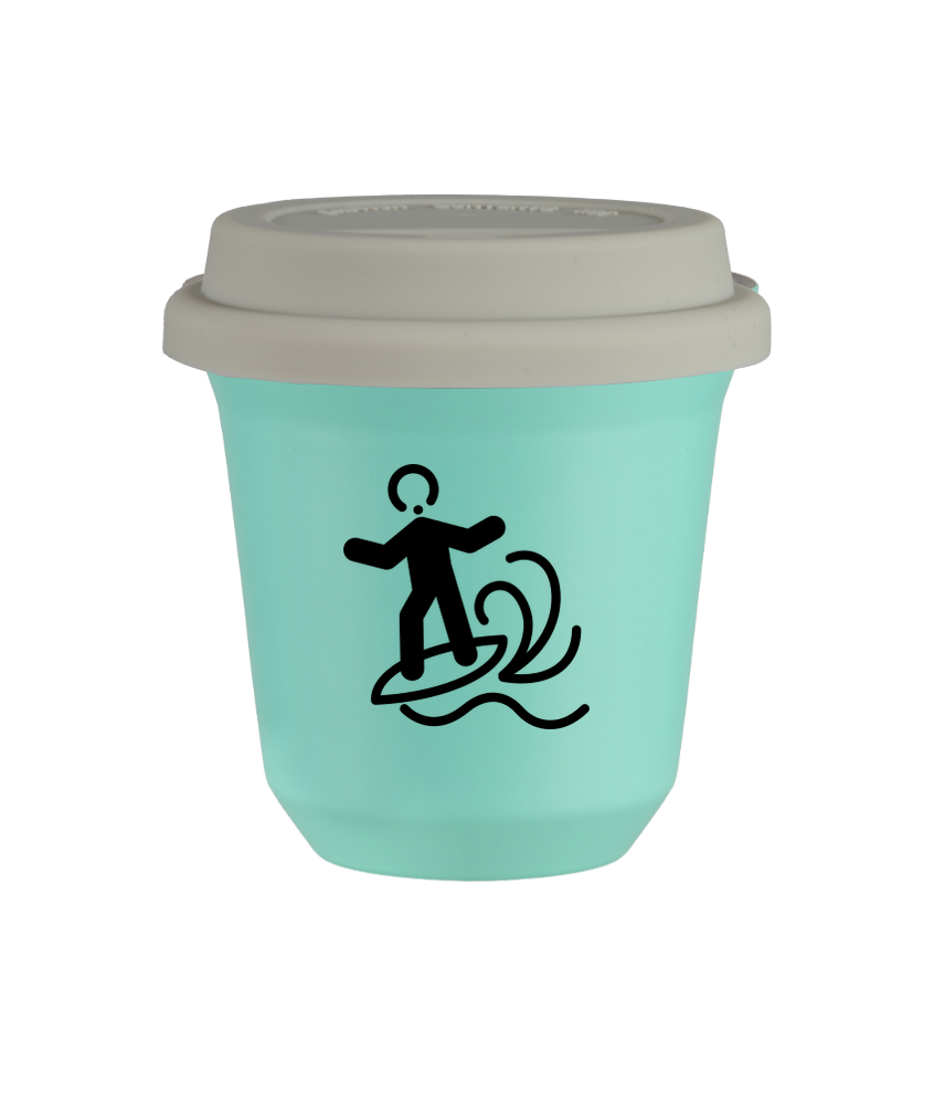 Tasse 80 ml TURQUOISE "Planche à voile (noir)", avec couvercle blanc
