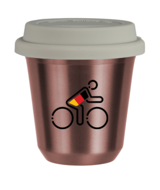 Tasse 150 ml OR ROSE "Cycliste aux couleurs allemandes", avec couvercle blanc Tasse 150 ml OR ROSE "Cycliste aux couleurs allemandes", avec couvercle blanc