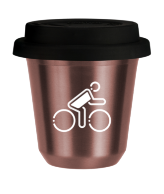 Tasse 150 ml OR ROSE "Cycliste aux couleurs polonaises (blanc)", avec couvercle noir Tasse 150 ml OR ROSE "Cycliste aux couleurs polonaises (blanc)", avec couvercle noir