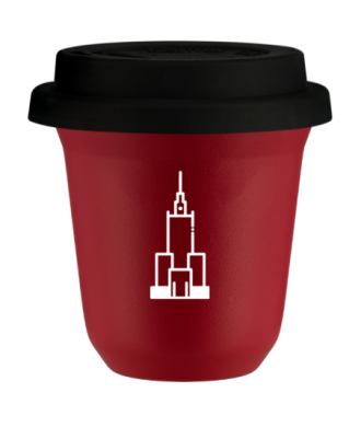 Tasse 150 ml ROUGE "Pałac kultury i nauki (blanc)", avec couvercle noir Tasse 150 ml ROUGE "Pałac kultury i nauki (blanc)", avec couvercle noir