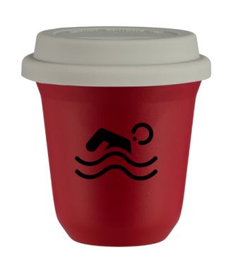 Tasse 150 ml ROUGE "Natation (noir)", avec couvercle blanc Tasse 150 ml ROUGE "Natation (noir)", avec couvercle blanc