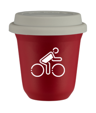 Tasse 150 ml ROUGE "Cycliste aux couleurs allemandes (blanc)", avec couvercle blanc Tasse 150 ml ROUGE "Cycliste aux couleurs allemandes (blanc)", avec couvercle blanc