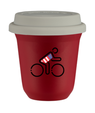 Tasse 150 ml ROUGE "Cycliste aux couleurs britanniques (noir)", avec couvercle blanc Tasse 150 ml ROUGE "Cycliste aux couleurs britanniques (noir)", avec couvercle blanc