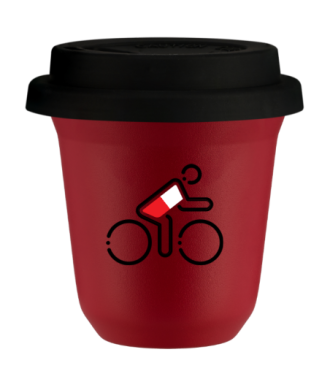 Tasse 150 ml ROUGE "Cycliste aux couleurs polonaises", avec couvercle noir Tasse 150 ml ROUGE "Cycliste aux couleurs polonaises", avec couvercle noir
