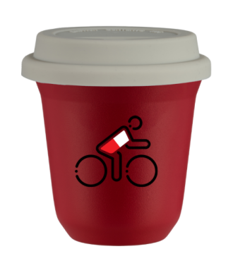 Tasse 150 ml ROUGE "Cycliste aux couleurs polonaises", avec couvercle blanc Tasse 150 ml ROUGE "Cycliste aux couleurs polonaises", avec couvercle blanc