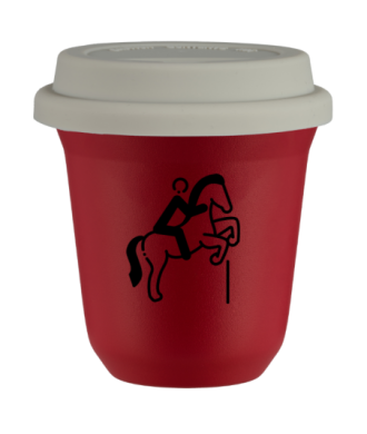Tasse 150 ml ROUGE "Équitation 1", avec couvercle blanc Tasse 150 ml ROUGE "Équitation 1", avec couvercle blanc